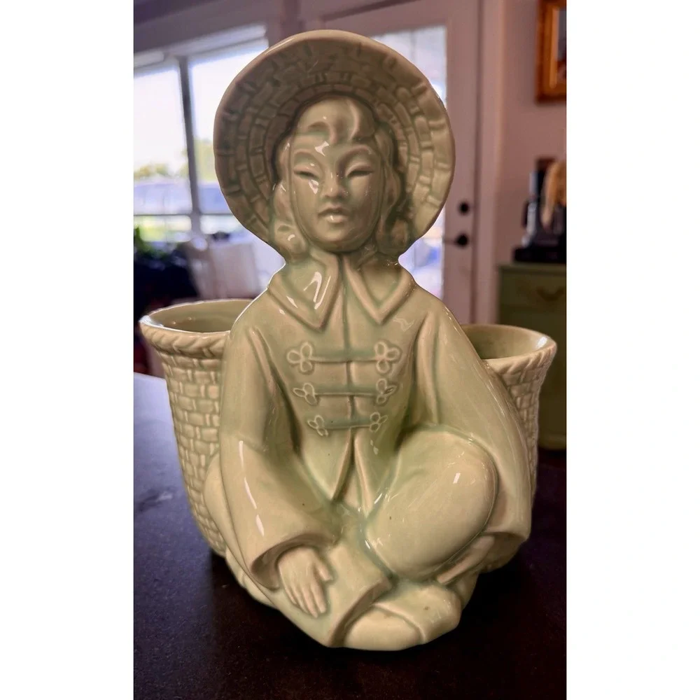 Vintage Asian Lady Double Planter Celadon Green Ceramic Figural TV Planter 8
